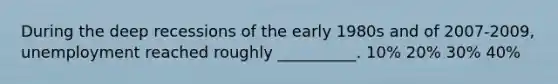 During the deep recessions of the early 1980s and of 2007-2009, unemployment reached roughly __________. 10% 20% 30% 40%