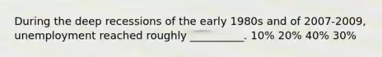During the deep recessions of the early 1980s and of 2007-2009, unemployment reached roughly __________. 10% 20% 40% 30%