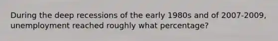 During the deep recessions of the early 1980s and of 2007-2009, unemployment reached roughly what percentage?