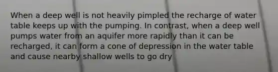 When a deep well is not heavily pimpled the recharge of water table keeps up with the pumping. In contrast, when a deep well pumps water from an aquifer more rapidly than it can be recharged, it can form a cone of depression in the water table and cause nearby shallow wells to go dry