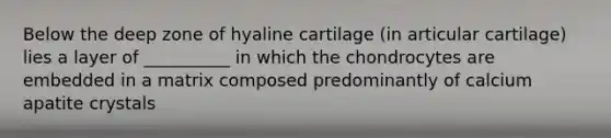 Below the deep zone of hyaline cartilage (in articular cartilage) lies a layer of __________ in which the chondrocytes are embedded in a matrix composed predominantly of calcium apatite crystals