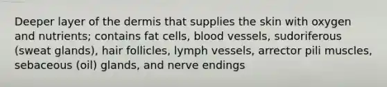 Deeper layer of the dermis that supplies the skin with oxygen and nutrients; contains fat cells, blood vessels, sudoriferous (sweat glands), hair follicles, lymph vessels, arrector pili muscles, sebaceous (oil) glands, and nerve endings