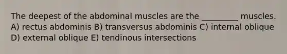 The deepest of the abdominal muscles are the _________ muscles. A) rectus abdominis B) transversus abdominis C) internal oblique D) external oblique E) tendinous intersections