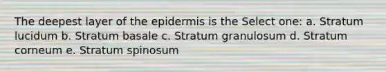 The deepest layer of <a href='https://www.questionai.com/knowledge/kBFgQMpq6s-the-epidermis' class='anchor-knowledge'>the epidermis</a> is the Select one: a. Stratum lucidum b. Stratum basale c. Stratum granulosum d. Stratum corneum e. Stratum spinosum