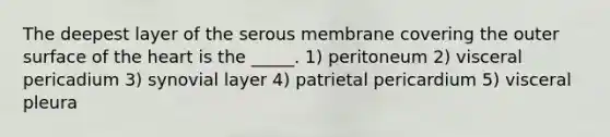 The deepest layer of the serous membrane covering the outer surface of the heart is the _____. 1) peritoneum 2) visceral pericadium 3) synovial layer 4) patrietal pericardium 5) visceral pleura