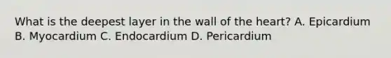 What is the deepest layer in the wall of <a href='https://www.questionai.com/knowledge/kya8ocqc6o-the-heart' class='anchor-knowledge'>the heart</a>? A. Epicardium B. Myocardium C. Endocardium D. Pericardium