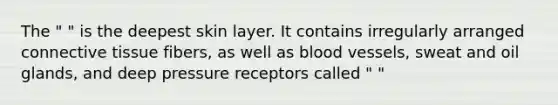 The " " is the deepest skin layer. It contains irregularly arranged <a href='https://www.questionai.com/knowledge/kYDr0DHyc8-connective-tissue' class='anchor-knowledge'>connective tissue</a> fibers, as well as blood vessels, sweat and oil glands, and deep pressure receptors called " "