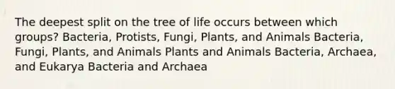 The deepest split on the tree of life occurs between which groups? Bacteria, Protists, Fungi, Plants, and Animals Bacteria, Fungi, Plants, and Animals Plants and Animals Bacteria, Archaea, and Eukarya Bacteria and Archaea