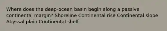 Where does the deep-ocean basin begin along a passive continental margin? Shoreline Continental rise Continental slope Abyssal plain Continental shelf