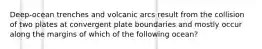 Deep-ocean trenches and volcanic arcs result from the collision of two plates at convergent plate boundaries and mostly occur along the margins of which of the following ocean?