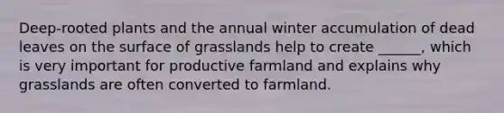 Deep-rooted plants and the annual winter accumulation of dead leaves on the surface of grasslands help to create ______, which is very important for productive farmland and explains why grasslands are often converted to farmland.