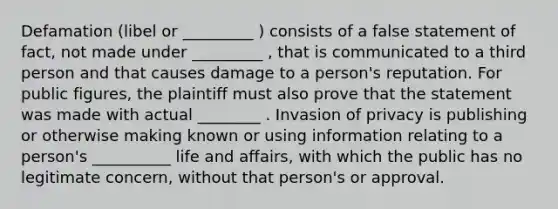 Defamation (libel or _________ ) consists of a false statement of fact, not made under _________ , that is communicated to a third person and that causes damage to a person's reputation. For public figures, the plaintiff must also prove that the statement was made with actual ________ . Invasion of privacy is publishing or otherwise making known or using information relating to a person's __________ life and affairs, with which the public has no legitimate concern, without that person's or approval.