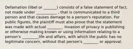 Defamation (libel or _______) consists of a false statement of fact, not made under ___________ , that is communicated to a third person and that causes damage to a person's reputation. For public figures, the plaintiff must also prove that the statement was made with actual ________. Invasion of privacy is publishing or otherwise making known or using information relating to a person's _________life and affairs, with which the public has no legitimate concern, without that person's ________ or approval.