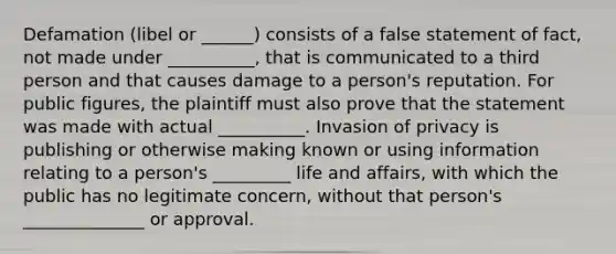 Defamation (libel or ______) consists of a false statement of fact, not made under __________, that is communicated to a third person and that causes damage to a person's reputation. For public figures, the plaintiff must also prove that the statement was made with actual __________. Invasion of privacy is publishing or otherwise making known or using information relating to a person's _________ life and affairs, with which the public has no legitimate concern, without that person's ______________ or approval.