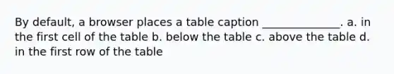 By default, a browser places a table caption ______________. a. in the first cell of the table b. below the table c. above the table d. in the first row of the table