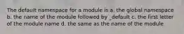 The default namespace for a module is a. the global namespace b. the name of the module followed by _default c. the first letter of the module name d. the same as the name of the module