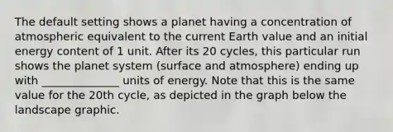 The default setting shows a planet having a concentration of atmospheric equivalent to the current Earth value and an initial energy content of 1 unit. After its 20 cycles, this particular run shows the planet system (surface and atmosphere) ending up with ______________ units of energy. Note that this is the same value for the 20th cycle, as depicted in the graph below the landscape graphic.