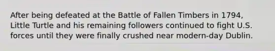 After being defeated at the Battle of Fallen Timbers in 1794, Little Turtle and his remaining followers continued to fight U.S. forces until they were finally crushed near modern-day Dublin.