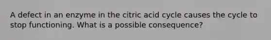 A defect in an enzyme in the citric acid cycle causes the cycle to stop functioning. What is a possible consequence?