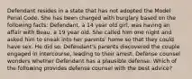 Defendant resides in a state that has not adopted the Model Penal Code. She has been charged with burglary based on the following facts: Defendant, a 14 year old girl, was having an affair with Beau, a 19 year old. She called him one night and asked him to sneak into her parents' home so that they could have sex. He did so. Defendant's parents discovered the couple engaged in intercourse, leading to their arrest. Defense counsel wonders whether Defendant has a plausible defense. Which of the following provides defense counsel with the best advice?