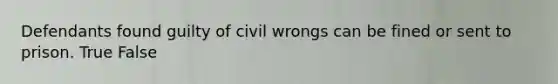 Defendants found guilty of civil wrongs can be fined or sent to prison. True False