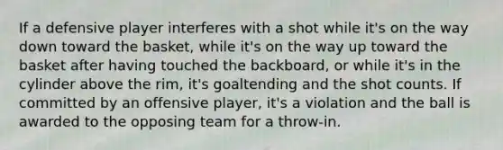 If a defensive player interferes with a shot while it's on the way down toward the basket, while it's on the way up toward the basket after having touched the backboard, or while it's in the cylinder above the rim, it's goaltending and the shot counts. If committed by an offensive player, it's a violation and the ball is awarded to the opposing team for a throw-in.