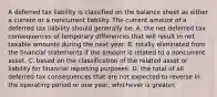 A deferred tax liability is classified on the balance sheet as either a current or a noncurrent liability. The current amount of a deferred tax liability should generally be: A. the net deferred tax consequences of temporary differences that will result in net taxable amounts during the next year. B. totally eliminated from the financial statements if the amount is related to a noncurrent asset. C. based on the classification of the related asset or liability for financial reporting purposes. D. the total of all deferred tax consequences that are not expected to reverse in the operating period or one year, whichever is greater.