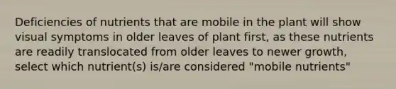 Deficiencies of nutrients that are mobile in the plant will show visual symptoms in older leaves of plant first, as these nutrients are readily translocated from older leaves to newer growth, select which nutrient(s) is/are considered "mobile nutrients"