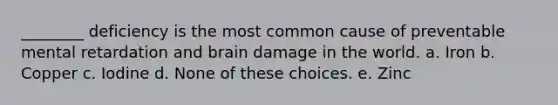 ________ deficiency is the most common cause of preventable mental retardation and brain damage in the world. a. Iron b. Copper c. Iodine d. None of these choices. e. Zinc