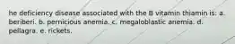 he deficiency disease associated with the B vitamin thiamin is: a. beriberi. b. pernicious anemia. c. megaloblastic anemia. d. pellagra. e. rickets.