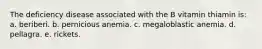 The deficiency disease associated with the B vitamin thiamin is: a. beriberi. b. pernicious anemia. c. megaloblastic anemia. d. pellagra. e. rickets.