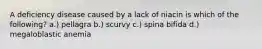 A deficiency disease caused by a lack of niacin is which of the following? a.) pellagra b.) scurvy c.) spina bifida d.) megaloblastic anemia