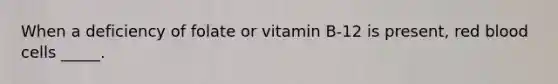 When a deficiency of folate or vitamin B-12 is present, red blood cells _____.