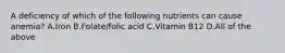 A deficiency of which of the following nutrients can cause anemia? A.Iron B.Folate/folic acid C.Vitamin B12 D.All of the above