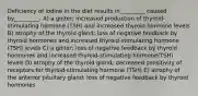 Deficiency of iodine in the diet results in_________ caused by_________. A) a goiter; increased production of thyroid-stimulating hormone (TSH) and increased thyroid hormone levels B) atrophy of the thyroid gland; loss of negative feedback by thyroid hormones and increased thyroid-stimulating hormone (TSH) levels C) a goiter; loss of negative feedback by thyroid hormones and increased thyroid-stimulating hormone(TSH) levels D) atrophy of the thyroid gland; decreased sensitivity of receptors for thyroid-stimulating hormone (TSH) E) atrophy of the anterior pituitary gland; loss of negative feedback by thyroid hormones