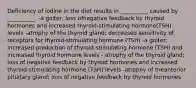 Deficiency of iodine in the diet results in __________ caused by __________. -a goiter; loss ofnegative feedback by thyroid hormones and increased thyroid-stimulating hormone(TSH) levels -atrophy of the thyroid gland; decreased sensitivity of receptors for thyroid-stimulating hormone (TSH) -a goiter; increased production of thyroid-stimulating hormone (TSH) and increased thyroid hormone levels - atrophy of the thyroid gland; loss of negative feedback by thyroid hormones and increased thyroid-stimulating hormone (TSH) levels -atrophy of theanterior pituitary gland; loss of negative feedback by thyroid hormones