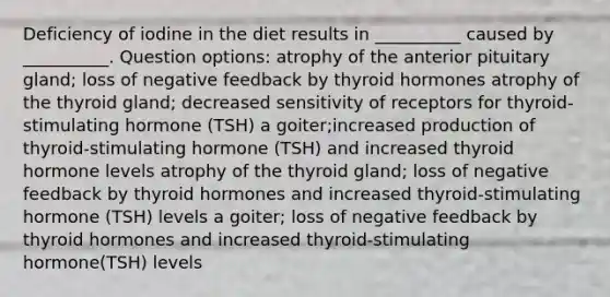 Deficiency of iodine in the diet results in __________ caused by __________. Question options: atrophy of the anterior pituitary gland; loss of negative feedback by thyroid hormones atrophy of the thyroid gland; decreased sensitivity of receptors for thyroid-stimulating hormone (TSH) a goiter;increased production of thyroid-stimulating hormone (TSH) and increased thyroid hormone levels atrophy of the thyroid gland; loss of negative feedback by thyroid hormones and increased thyroid-stimulating hormone (TSH) levels a goiter; loss of negative feedback by thyroid hormones and increased thyroid-stimulating hormone(TSH) levels