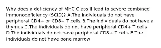 Why does a deficiency of MHC Class II lead to severe combined immunodeficiency (SCID)? A.The individuals do not have peripheral CD4+ or CD8+ T cells B.The individuals do not have a thymus C.The individuals do not have peripheral CD4+ T cells D.The individuals do not have peripheral CD8+ T cells E.The individuals do not have bone marrow