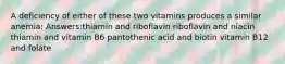 A deficiency of either of these two vitamins produces a similar anemia: Answers:thiamin and riboflavin riboflavin and niacin thiamin and vitamin B6 pantothenic acid and biotin vitamin B12 and folate