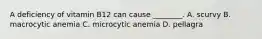 A deficiency of vitamin B12 can cause ________. A. scurvy B. macrocytic anemia C. microcytic anemia D. pellagra