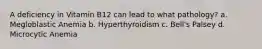 A deficiency in Vitamin B12 can lead to what pathology? a. Megloblastic Anemia b. Hyperthyroidism c. Bell's Palsey d. Microcytic Anemia