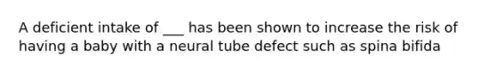 A deficient intake of ___ has been shown to increase the risk of having a baby with a neural tube defect such as spina bifida