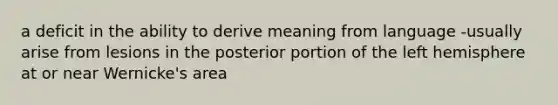 a deficit in the ability to derive meaning from language -usually arise from lesions in the posterior portion of the left hemisphere at or near Wernicke's area