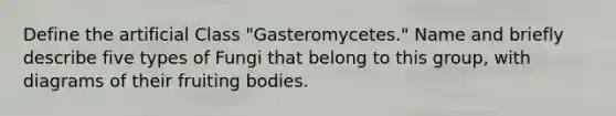 Define the artificial Class "Gasteromycetes." Name and briefly describe five types of Fungi that belong to this group, with diagrams of their fruiting bodies.