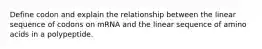 Define codon and explain the relationship between the linear sequence of codons on mRNA and the linear sequence of amino acids in a polypeptide.