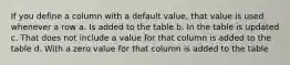 If you define a column with a default value, that value is used whenever a row a. Is added to the table b. In the table is updated c. That does not include a value for that column is added to the table d. With a zero value for that column is added to the table