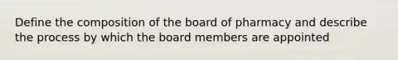 Define the composition of the board of pharmacy and describe the process by which the board members are appointed