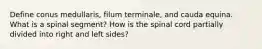 Define conus medullaris, filum terminale, and cauda equina. What is a spinal segment? How is the spinal cord partially divided into right and left sides?