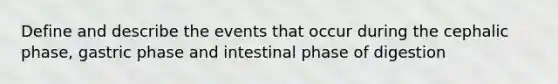 Define and describe the events that occur during the cephalic phase, gastric phase and intestinal phase of digestion