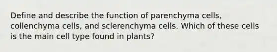 Define and describe the function of parenchyma cells, collenchyma cells, and sclerenchyma cells. Which of these cells is the main cell type found in plants?